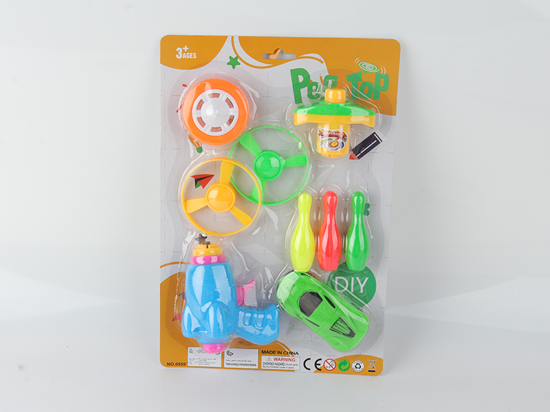 Spinning Top Toy(Launcher + Top With Lights + 3 Bowling Toys + 2 Flying Saucer + Pull Back Car)