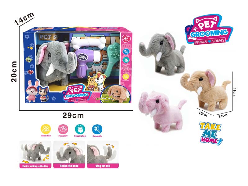 Play House B/O Plush Walking Elephant (Three-Color Mix) With A Care Set