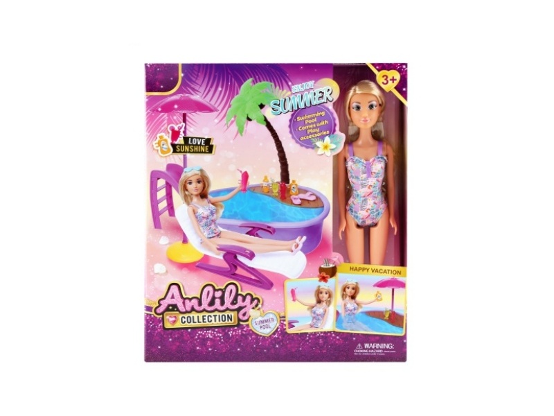 11.5-Inch Solid Body Doll Swimming Pool Set (Brown Skin)