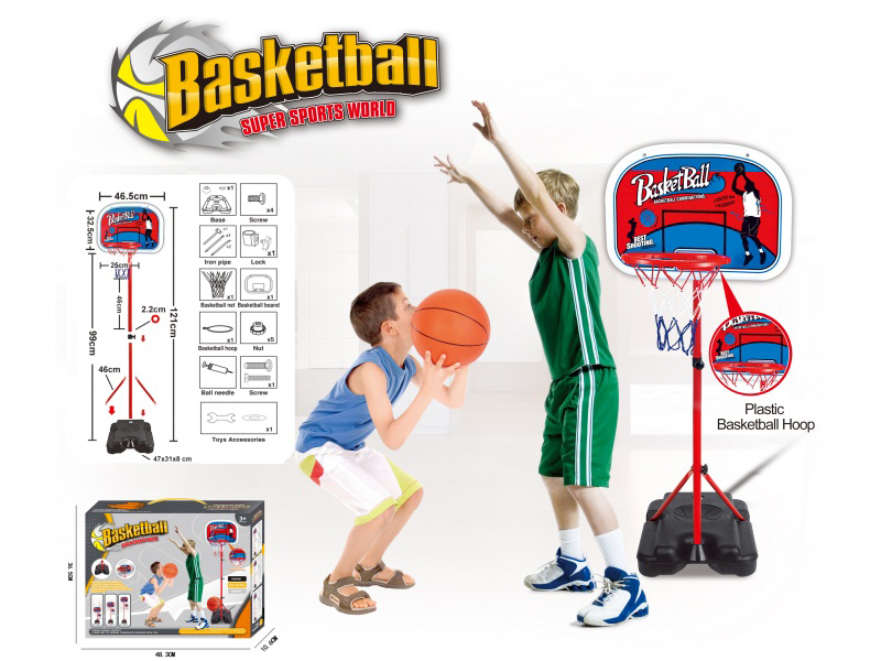 A Plastic-Framed Vertical Basketball Stand With Two Sections Of Iron Pipes And Square Feet