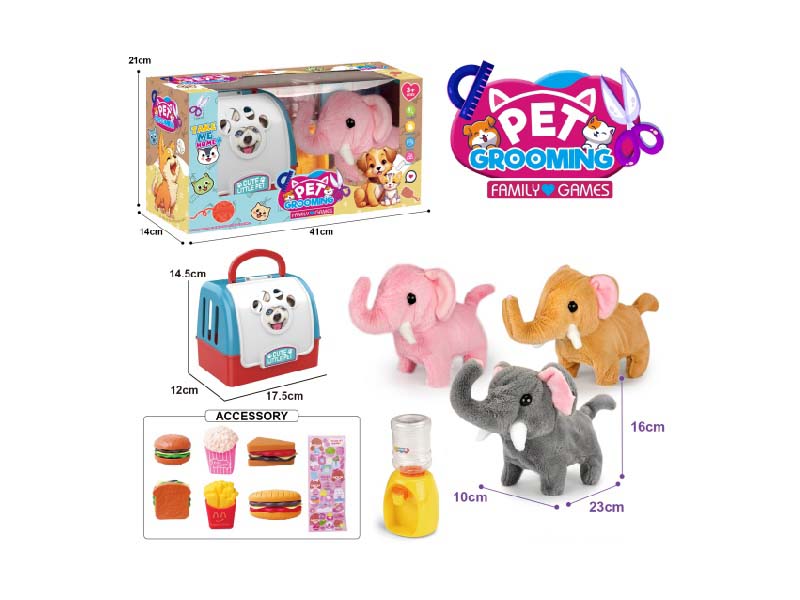Portable Cage B/O Plush Walking Elephant + Water Dispenser + Small Accessories (3-Color Mixed Package