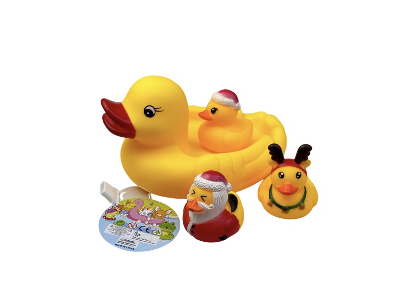A Large Female Duck Playing In The Bathroom With A Christmas Duck