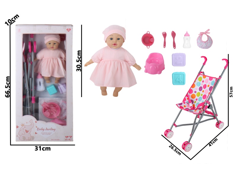 12-Inch Plastic Doll With Ic-Free Rubber Body And Filled Cotton Limbs, Iron Pushcart