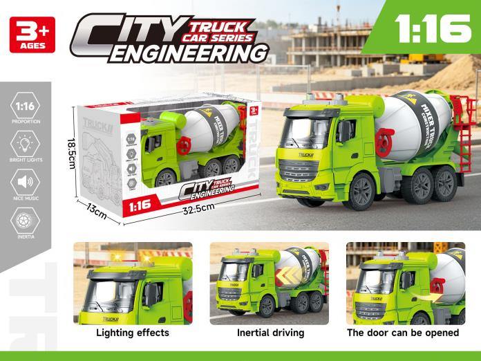 Single-Color 1:16 Solid Color Inertial Door-Opening Engineering Mixer Truck With Lighting And Music (Electric Included)