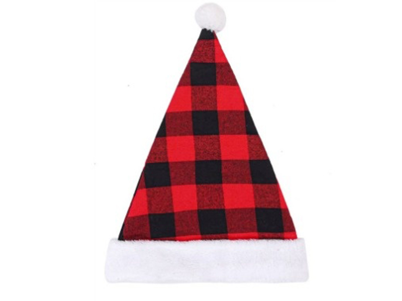 Short Plush Checkered Santa Hat