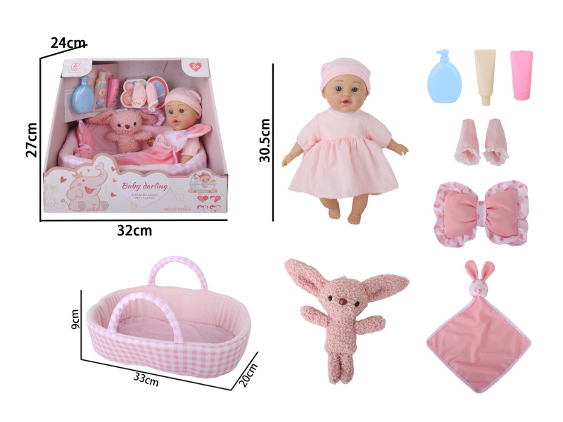 12-Inch Plastic Doll With Ic-Free Rubber Body And Filled Cotton Limbs, Rabbit Sleeping Basket Accessories