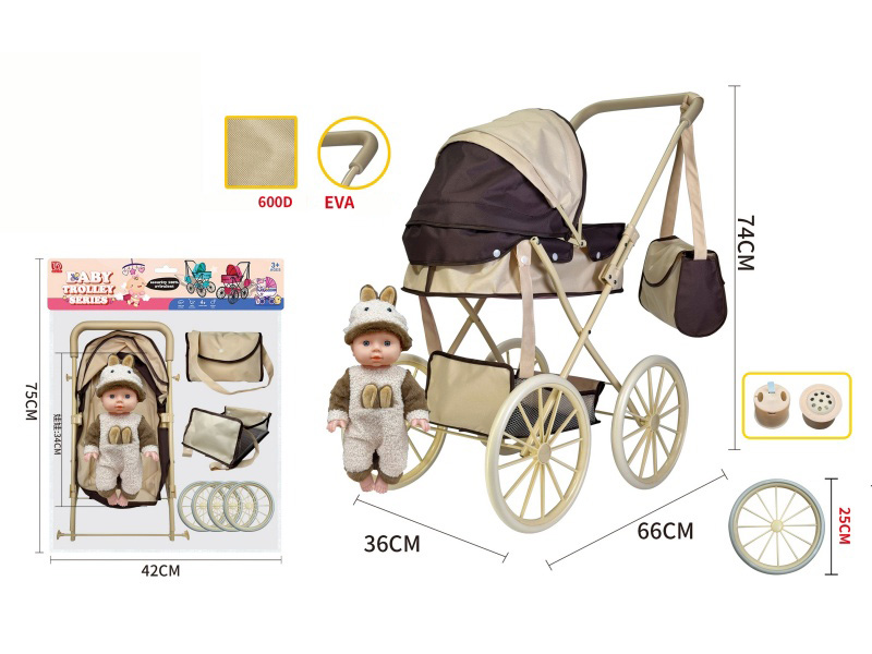 Iron Baby Stroller Toy(Pure Oxford Fabric) + Doll With IC