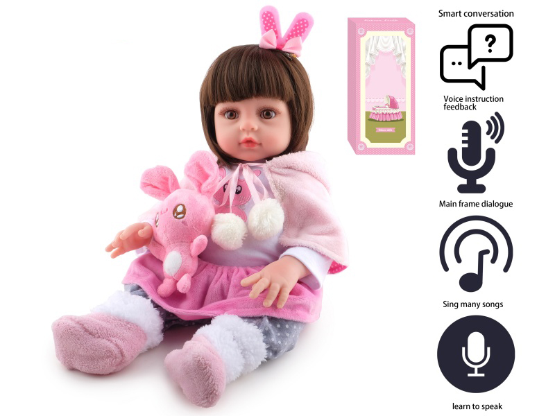 45cm Soft Plastic Reborn Doll(Wig Sheath)With Feeding-Bottle, Magnetic Pacifier, Diaper, Birth Card, Rabbit, With Intelligent Conversation And Recording Functions
