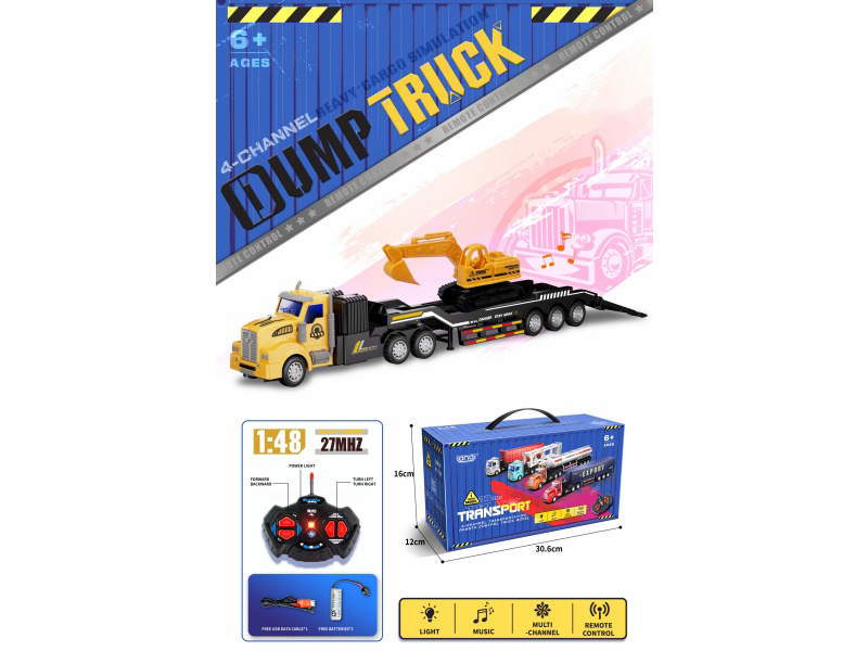 1:48 4CH  American-Style Single-Decker Engineering Transport Vehicle With Headlight, Music And Remote Control (Equipped With 1 Small Excavator)