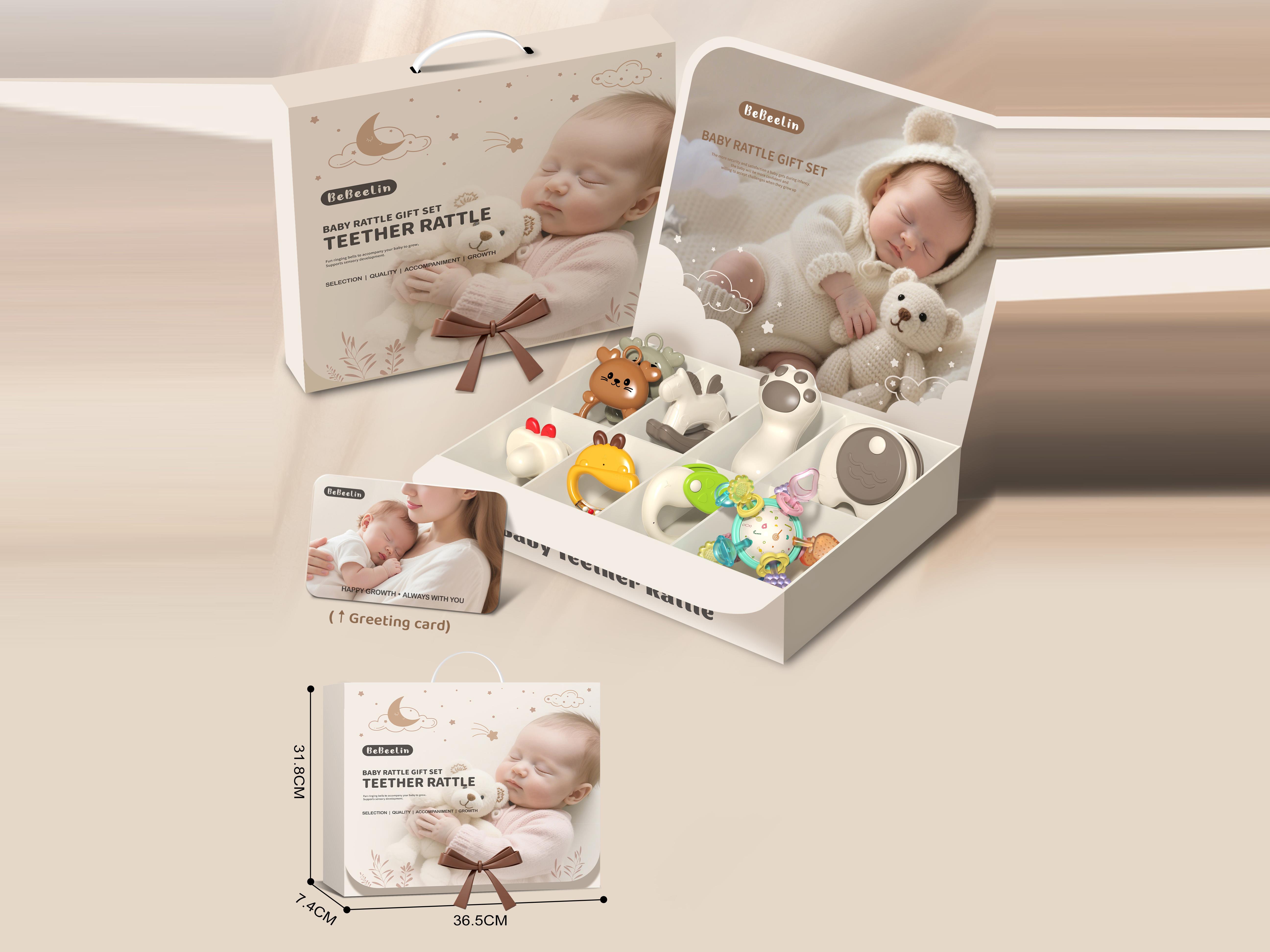 Baby Rattle Gift Box Set + Manhattan Ball/Hand-Grabbed Ball + Boiling Rattle (9 Pieces) With A Greeting Card
