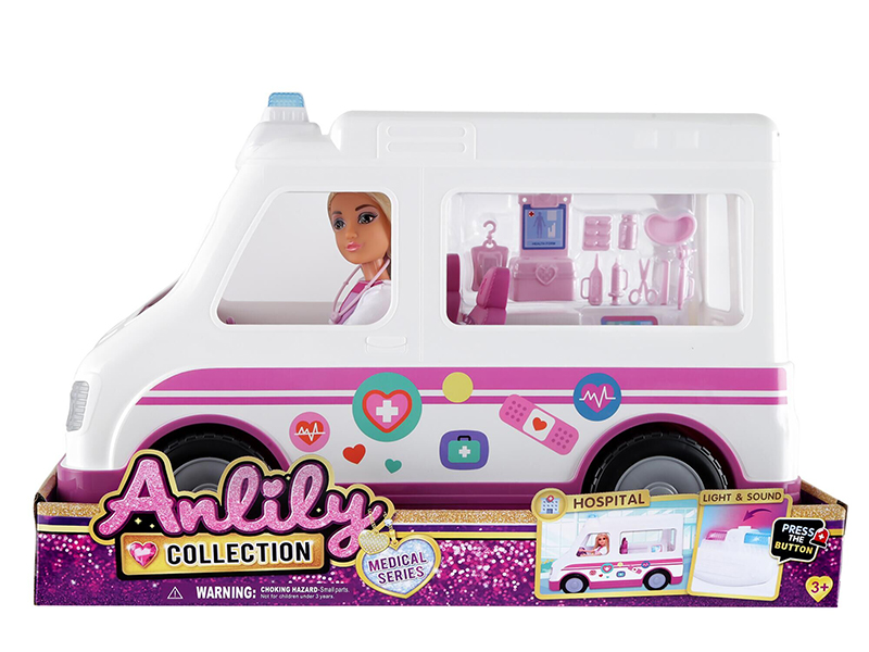 11.5" Solid Doll(Brown Skin) + Ambulance With Light And Sound