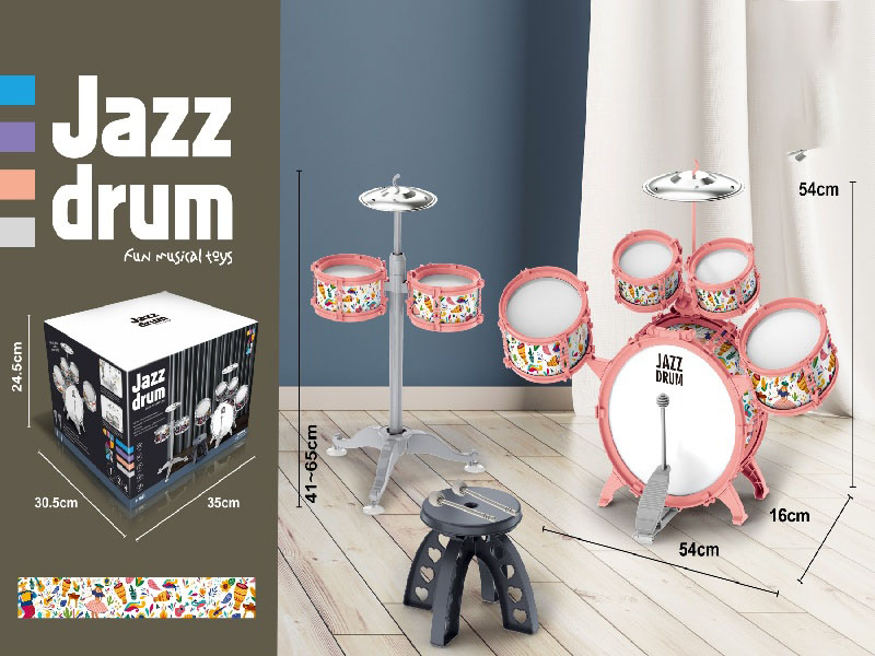 7 Drums, 2 Cymbals, Pink Circle, Pink Collar + Stool
