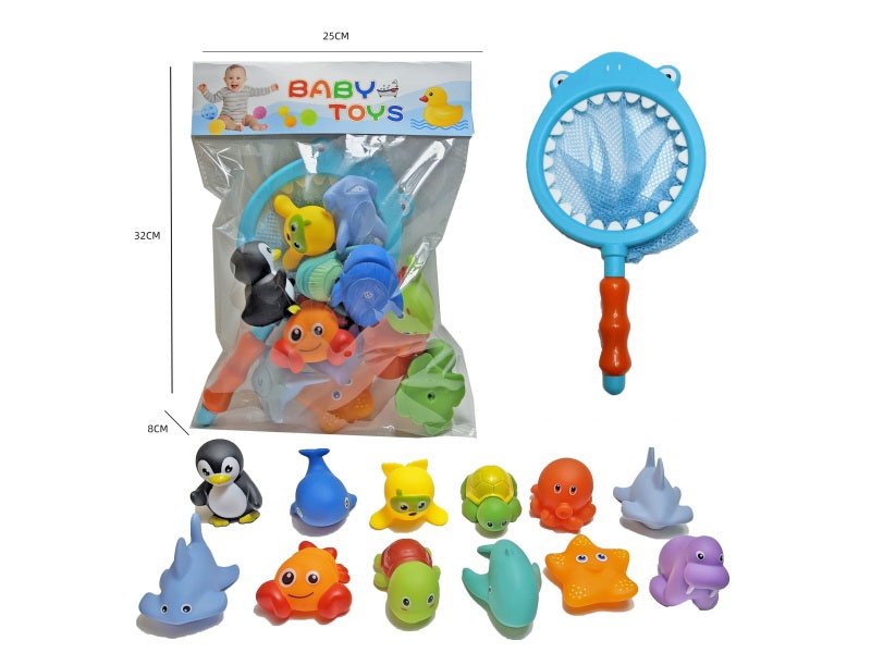 Shark Fishing Net + Soft Rubber Single-Color-Changing Ocean Set (13-Piece Set) Cross-Border Bathroom Fish Fishing Toys, Bathing Toys, Fish Fishing And Bathing Toys, Water Play Children'S Rubber Animal