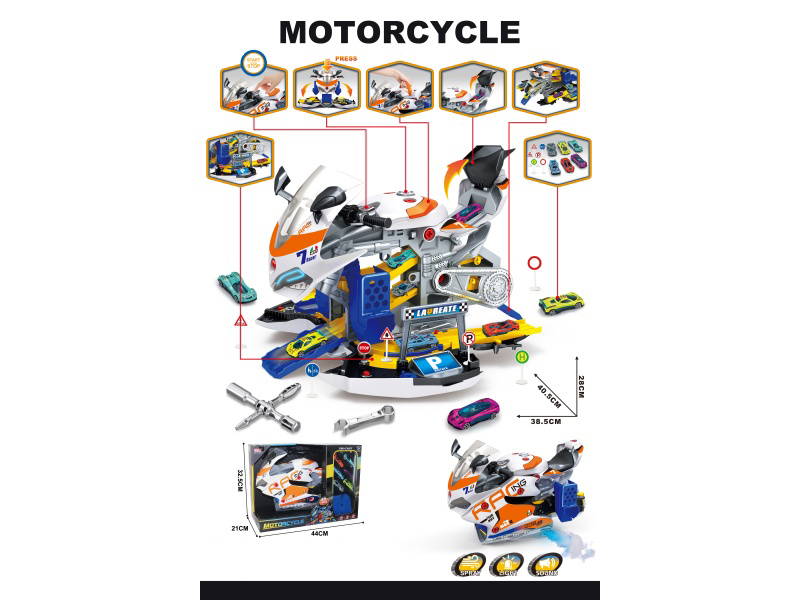 Motorcycle And Car Repair And Assembly Diy- Tracks + Six Alloy Racing Cars + A Set Of City Road Signs (White)