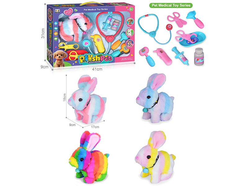 B/O Plush Pet Colorful Rabbit Pet Medical Set