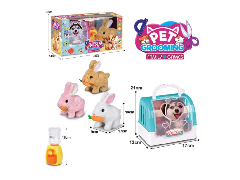 B/O Plush Radish Rabbit (3 Mixed Sets) + 2-Color Hand-Held Cage + Water Dispenser