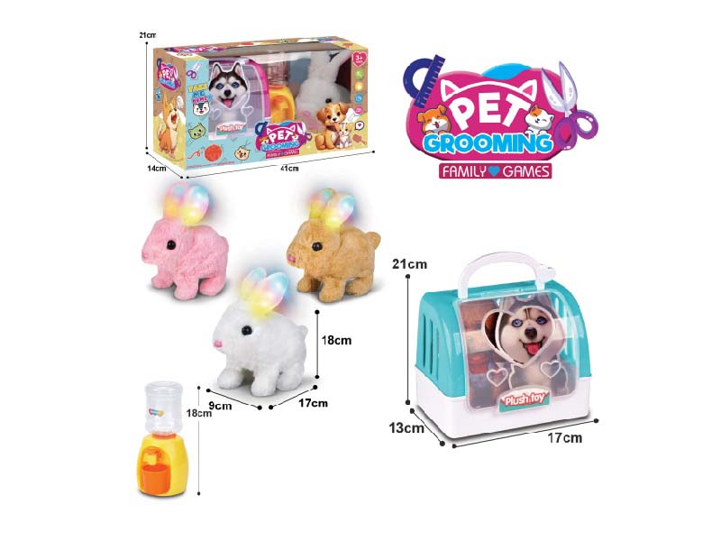 B/O Plush Light Rabbit (3 Mixed Sets) + 2-Color Portable Cage + Water Dispenser