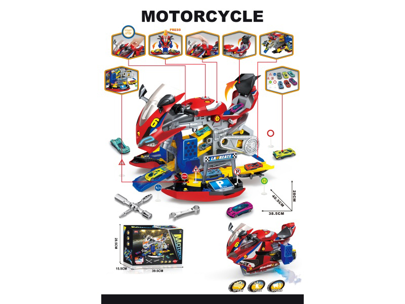 Motorcycle And Car Repair And Assembly Diy- Tracks + Six Alloy Racing Cars + A Set Of City Road Signs (Red)