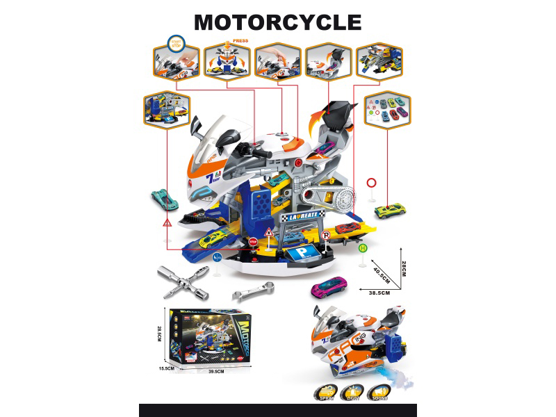 Motorcycle And Car Repair And Assembly Diy- Tracks + Six Alloy Racing Cars + A Set Of City Road Signs (White)