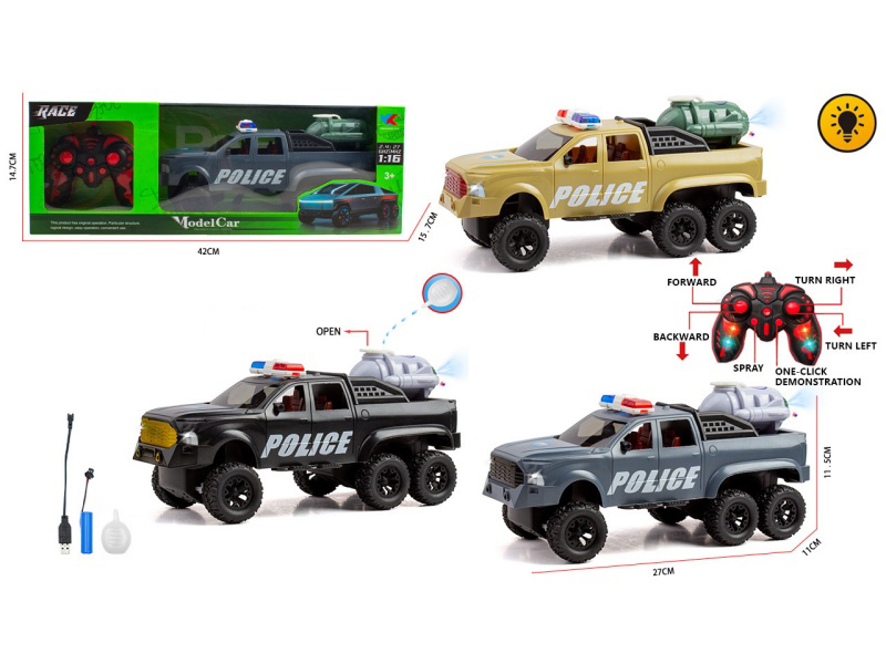 2.4G 1:16 Six-Wheel Toyota Off-Road Pickup Truck 6CH: Equipped With Lights, Missile Spray, Remote Control Police Car