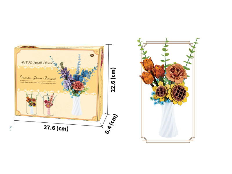 Diy 3D Wooden/Wooden Flower/Assembly Flower/Wooden Assembly Model Flower/Wishing Orange Flower Bouquet Set With Vase