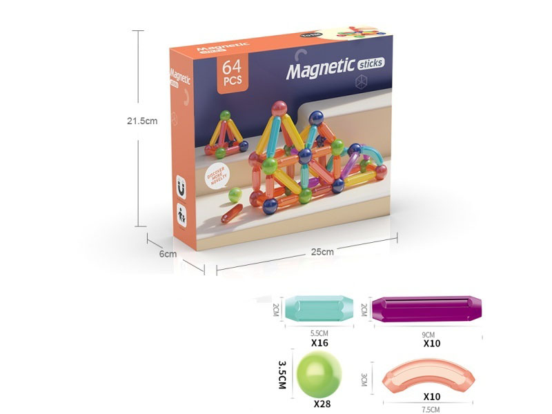 64 Pieces Of Regular Magnetic (Ball Diameter 3.5Cm, Rod Magnetic Force 2500Gs)