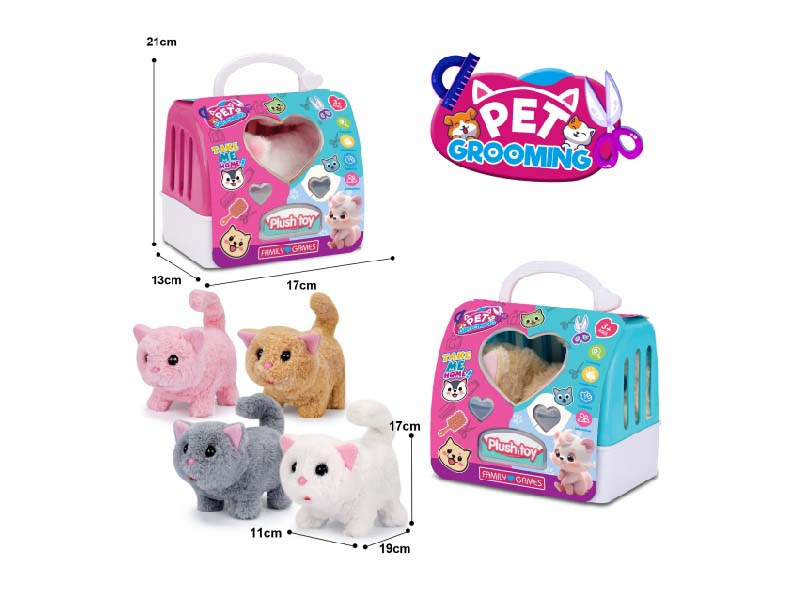 B/O Plush Cat + 2-Color Hand-Held Cage, Four-Color Cats Mixed In