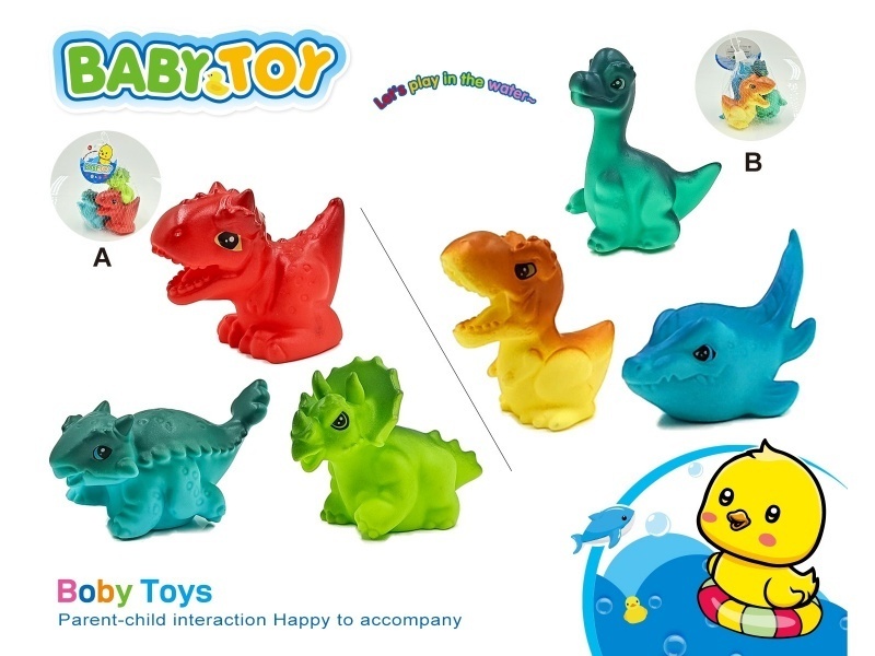 Three rubber-lined water play animals, dinosaurs, in a mixed bag of two types: A and B