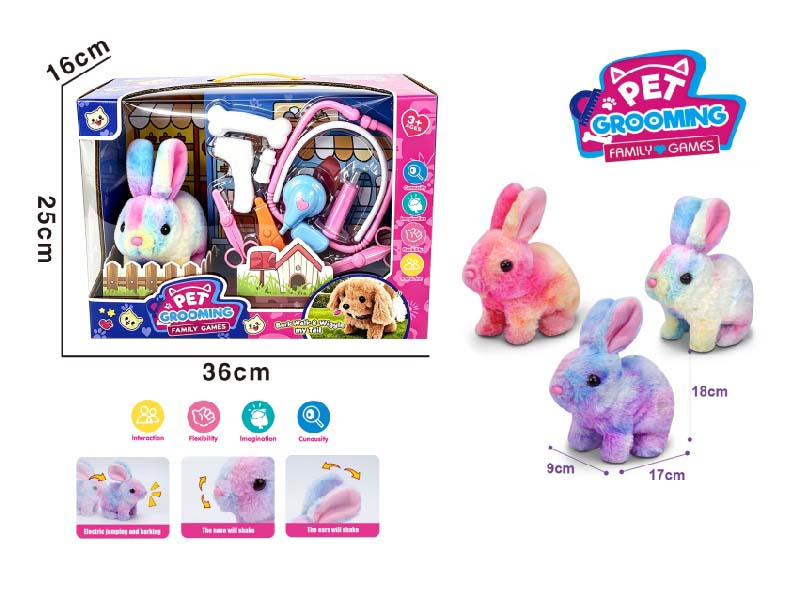 Play House B/O Plush Walking Colorful Rabbit (Three-Color Mix) Paired With Medical Device Care Set