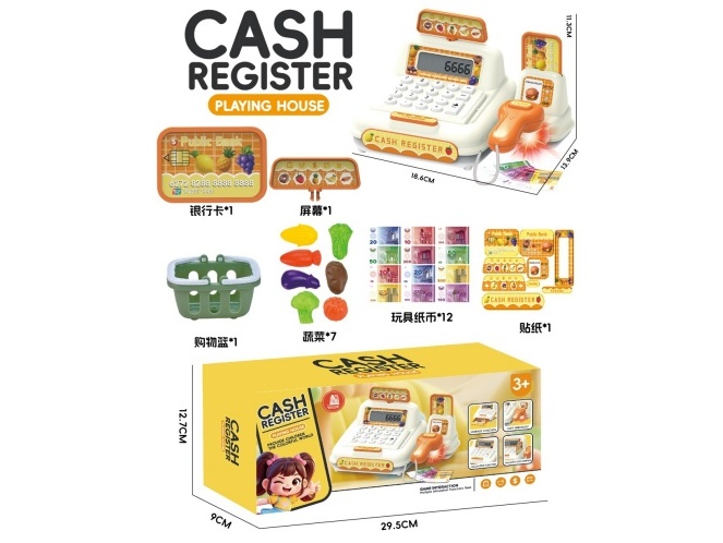 Cash Register In Yellow + Shopping Cart With Vegetables (With Display Screen And Calculator Function