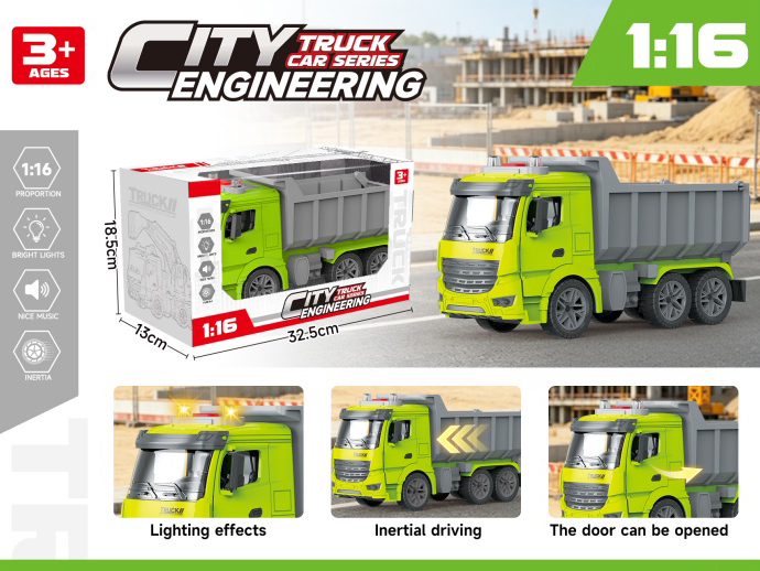 Monochrome 1:16 Solid Color Inertial Door-Opening Engineering Dump Truck With Lights And Music (Battery Included)