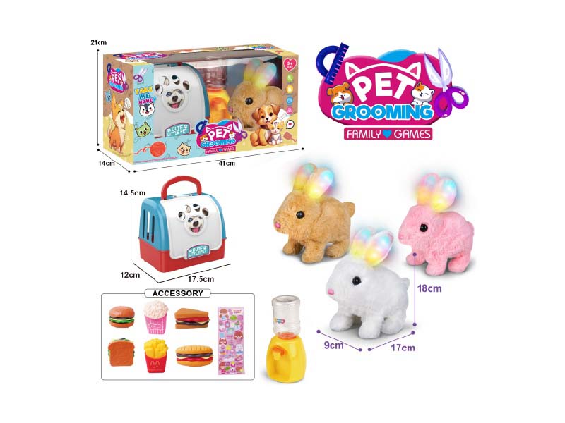 Portable Cage B/O Plush Light Rabbit + Water Dispenser + Small Accessories (3-Color Mixed Package