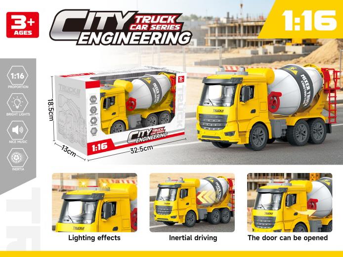 Single-Color 1:16 Solid Color Inertial Door-Opening Engineering Mixer Truck With Lighting And Music (Electric Included)