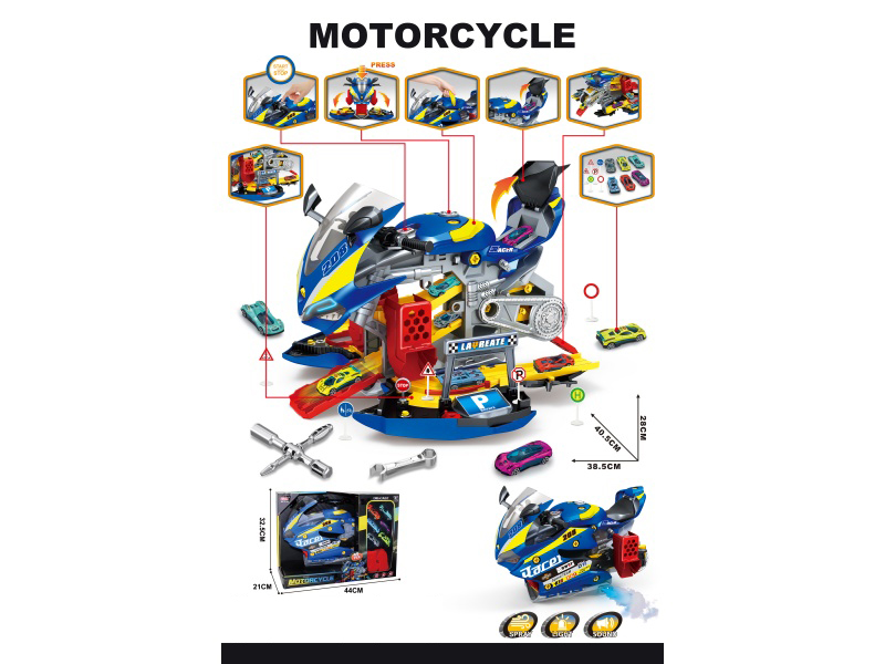 Motorcycle And Car Repair And Assembly Diy- Tracks + Six Alloy Racing Cars + A Set Of City Road Signs (Deep Sky Blue)