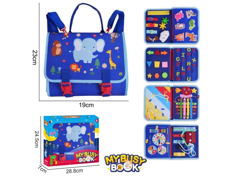 Montessori Early Childhood Education And Intelligence Development - Blue 5-Page Felt Backpack - Busy Wildlife Edition