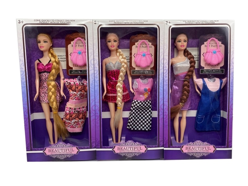 A Mix Of Three Sets Of 11.5-Inch Solid And Flexible Fashion Mini Skirts, Dolls With Handbags And Hanging Accessories