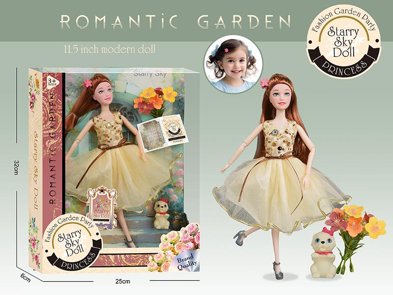 11.5 Inch 11-Joints Princess Doll With 1 Hair Clip, Simulated Bouquet, Vinyl Dog