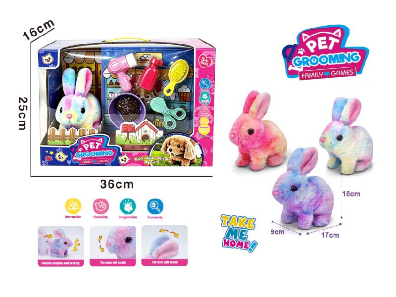 Play House B/O Plush Walking Colorful Rabbit (Three-Color Mix) With Washing And Care + Feeding Set