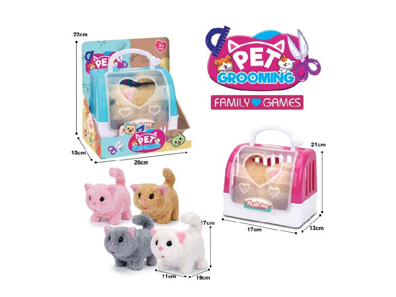B/O Plush Cat + 2-Color Hand-Held Cage, Four-Color Cats Mixed In