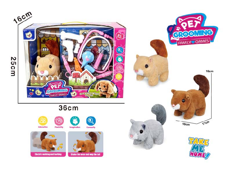 Play House B/O Plush Walking Squirrel (Three-Color Mix) Paired With Medical Device Care Set