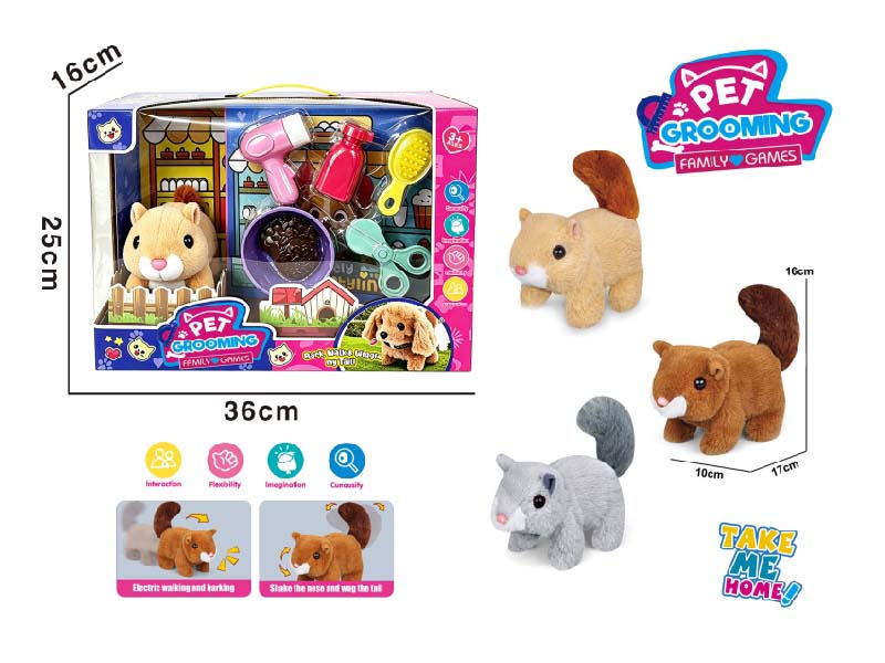 Play House B/O Plush Walking Squirrel (Three-Color Mix) With Washing And Care + Feeding Set