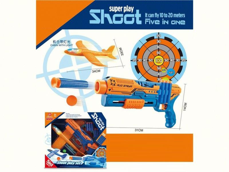 5-In-1 Multi-Functional Aircraft Gun (Blue + Orange) Soft Ammunition X6, Eva Balls X6, Target X1, Aircraft (With Cabin Light And Whistle) X1, Gun X1, Instruction Manual X1